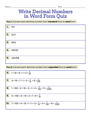Write Decimal Numbers in Word Form Quiz | Interactive Worksheet ...