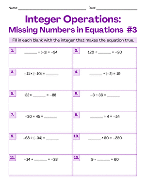 Integer Operations: Missing Numbers in Equations #3