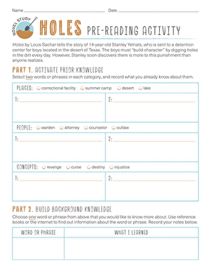 Novel Study: Holes: Pre-Reading Activity
