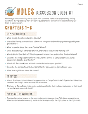 Novel Study: Holes: Discussion Guide #1