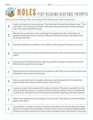 Novel Study: Holes: Post-Reading Response Prompts