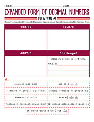 Expanded Form of Decimal Numbers: Cut and Paste #1