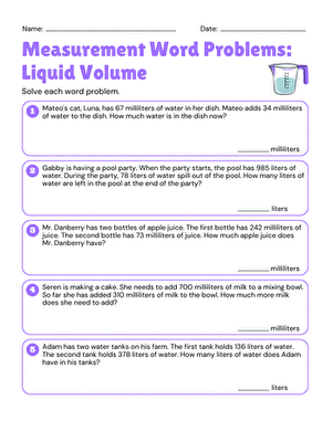 Measurement Word Problems: Liquid Volume