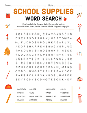 School Supplies Word Search