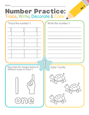 Number Practice: Trace, Write, Decorate & Color #1