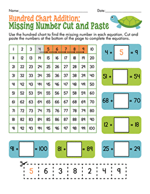 Hundred Chart Addition: Missing Number Cut and Paste