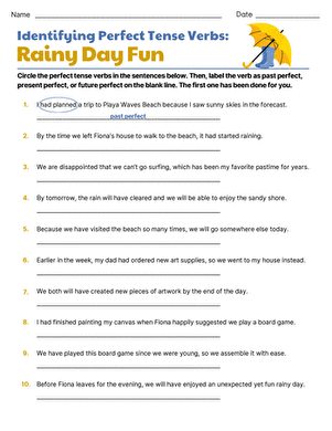 Identifying Perfect Tense Verbs: Rainy Day Fun
