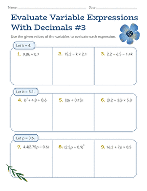 Evaluate Variable Expressions With Decimals #3