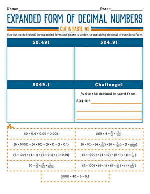Expanded Form of Decimal Numbers: Cut and Paste #2