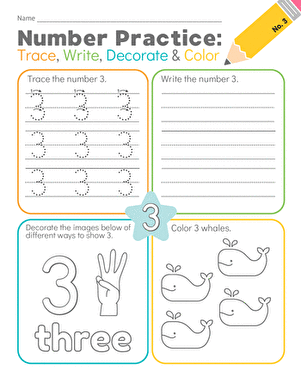 Number Practice: Trace, Write, Decorate & Color #3