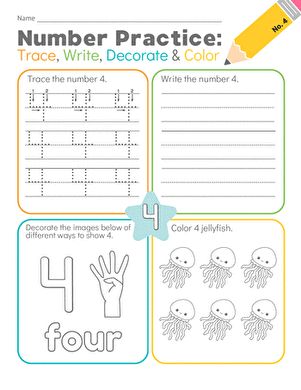 Number Practice: Trace, Write, Decorate & Color #4