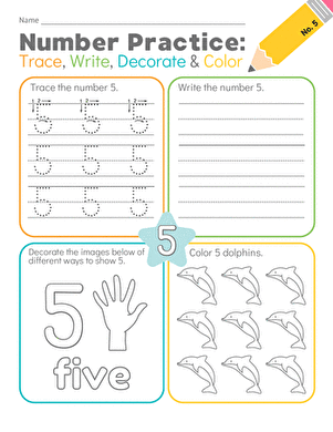 Number Practice: Trace, Write, Decorate & Color #5
