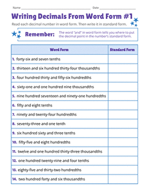 Writing Decimals From Word Form #1