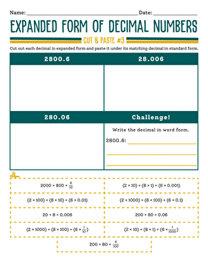 Expanded Form of Decimal Numbers: Cut and Paste #3