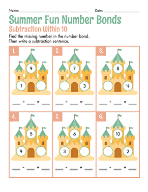 Summer Fun Number Bonds: Subtraction Within 10