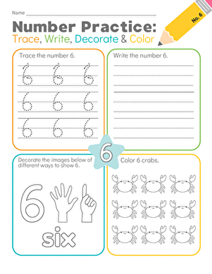 Number Practice: Trace, Write, Decorate & Color #6