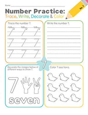 Number Practice: Trace, Write, Decorate & Color #7