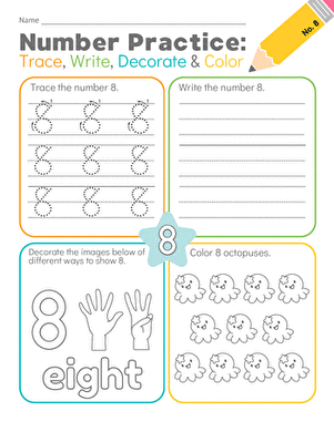 Number Practice: Trace, Write, Decorate & Color #8