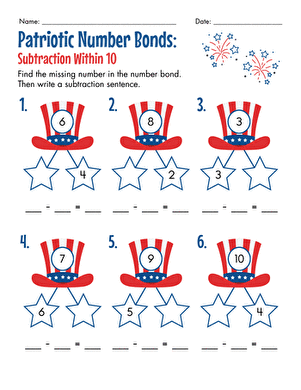 Patriotic Number Bonds: Subtraction Within 10