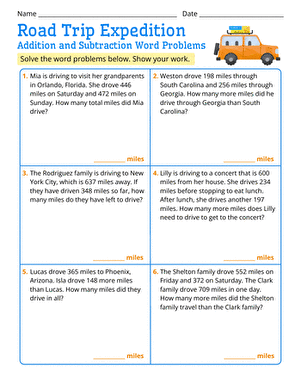 Road Trip Expedition: Addition and Subtraction Word Problems
