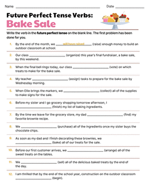 Future Perfect Tense Verbs: Bake Sale
