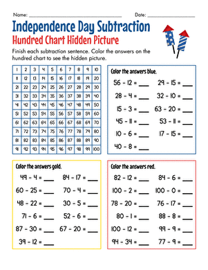 Independence Day Subtraction: Hundred Chart Hidden Picture