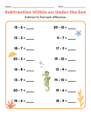 Subtraction Within 20: Under the Sea