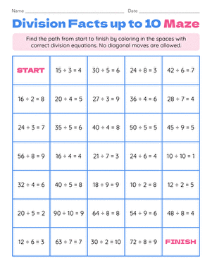 Division Facts up to 10 Maze
