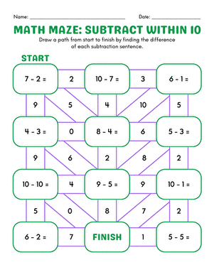 Math Maze: Subtract Within 10