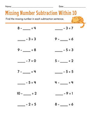 Missing Number Subtraction Within 10