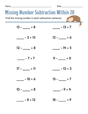 Missing Number Subtraction Within 20