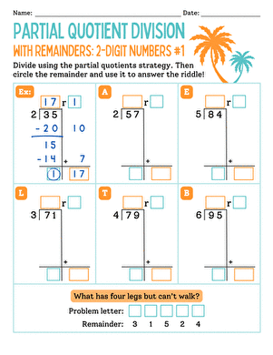 Partial Quotient Division With Remainders: 2-Digit Numbers #1