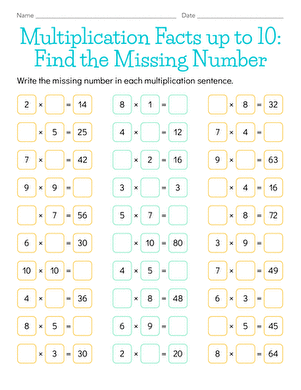 Multiplication Facts to 10: Find the Missing Number