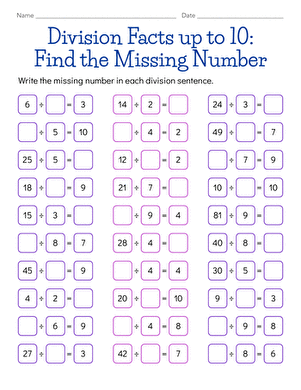 Division Facts up to 10: Find the Missing Number