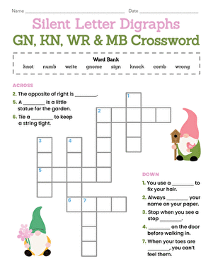Silent Letter Digraphs: GN, KN, WR & MB Crossword