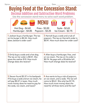 Buying Food at the Concession Stand: Decimal Addition and Subtraction Word Problems