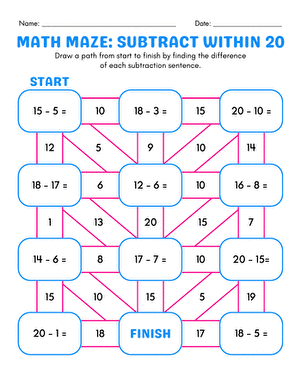 Math Maze: Subtract Within 20