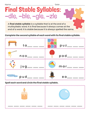 Final Stable Syllables: -dle, -ble, -gle, -zle