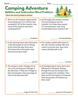 Camping Adventure: Addition and Subtraction Word Problems