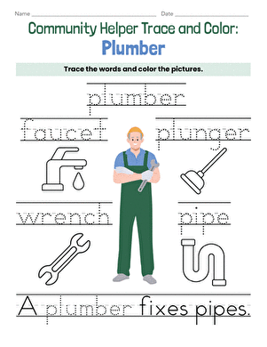 Community Helper Trace and Color: Plumber