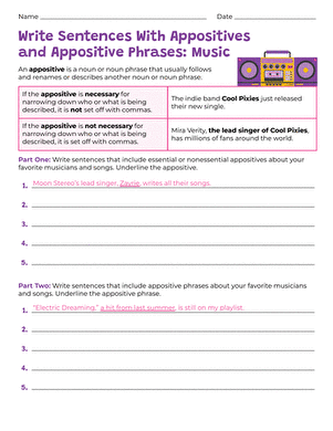 Write Sentences With Appositives and Appositive Phrases: Music
