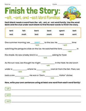 Finish the Story: -elt, -ent, and -est Word Families