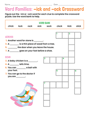 Word Families: -ick and -ock Crossword