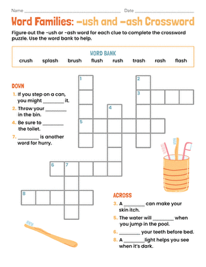 Word Families: -ush and -ash Crossword