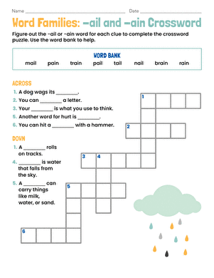 Word Families: -ail and -ain Crossword