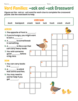 Word Families: -ack and -uck Crossword