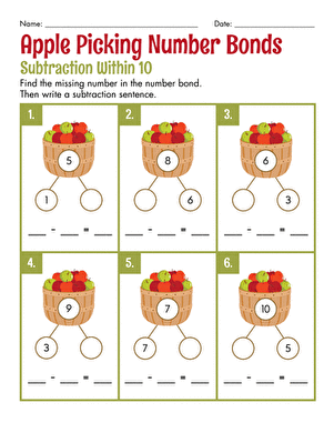 Apple Picking Number Bonds: Subtraction Within 10