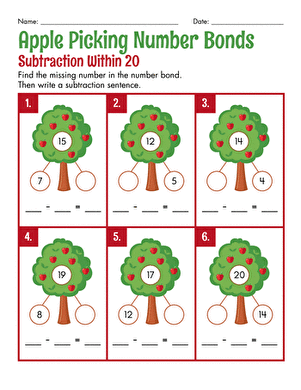 Apple Picking Number Bonds: Subtraction Within 20