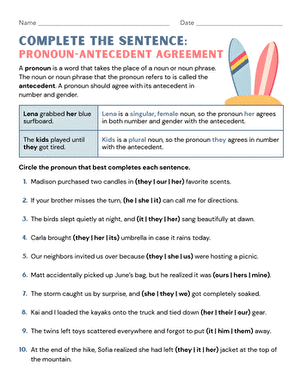 Complete the Sentence: Pronoun-Antecedent Agreement