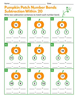 Pumpkin Patch Number Bonds: Subtraction Within 20
